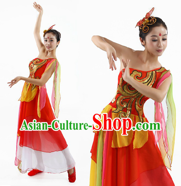 Chinese Classical Fan or Ribbon Dance Costumes and Headpiece for Women