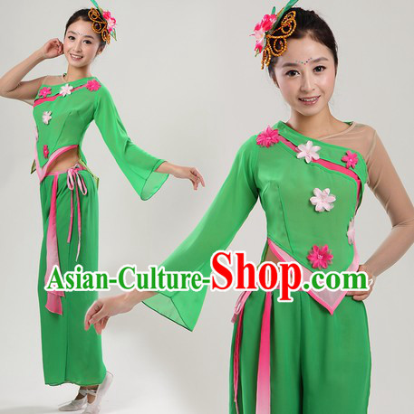 Chinese Style Green College Fan or Ribbon Dance Costume and Headpiece for Women