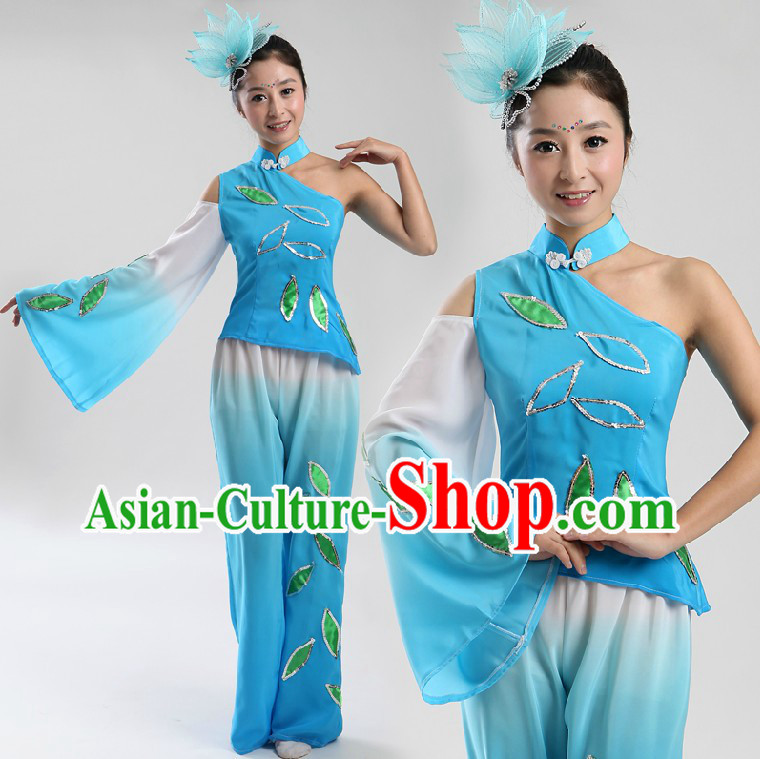 Chinese Folk Performance Blue Dance Costumes and Headpiece for Women