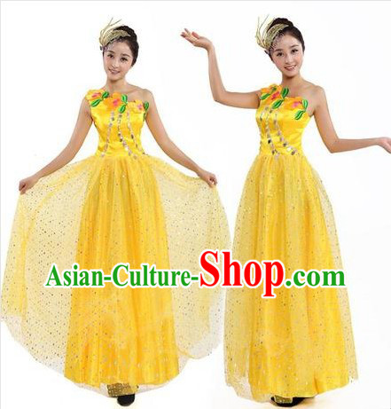 Chinese Classic Yellow Dance Costume and Headpiece for Women