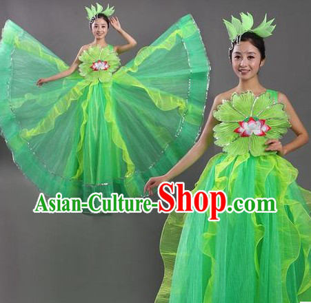 Chinese Green Dance Skirt and Headpiece for Women