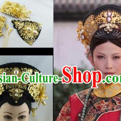 Qing Dynasty Empress Imperial Hair Accessories Manchu Hat and Wig for Ladies