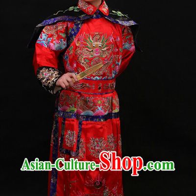 Red Chinese Embroidered Dragon Qian Long Costumes and Hat for Men