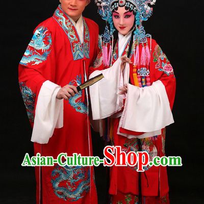 Red Traditional Chinese Embroidered Wedding Dresses Two Sets for Men and Women
