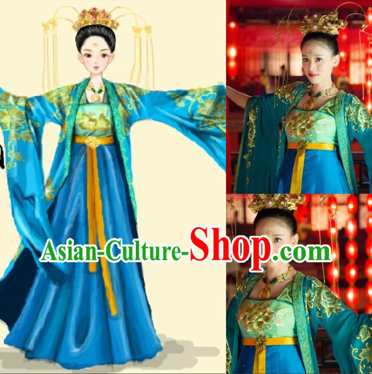 Ancient Chinese Classical Dancing Costumes and Hair Accessories for Women