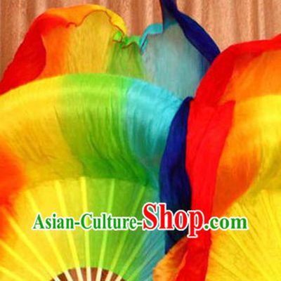 Rainbow Color Transition Long Silk Chinese Dance Fan