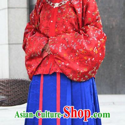 Traditional Chinese Ming Dynasty Red Jacket and Blue Skirt for Women