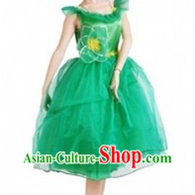 Traditional Chinese Green Leaf Dance Cotumes and Headdress for Women