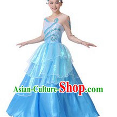 Traditional Chinese Sea Color Dance Costumes and Hat for Women