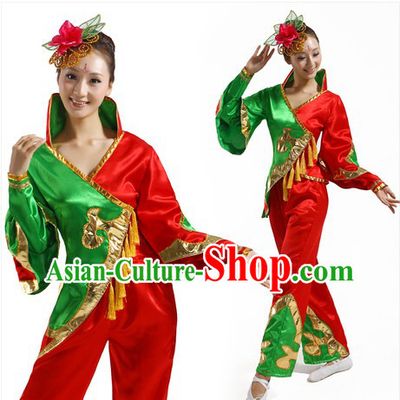 Traditional Chinese Fan Dancing Costume and Headpiece for Women