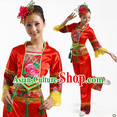 Traditional Chinese Fan Dance Costume and Headpiece for Women