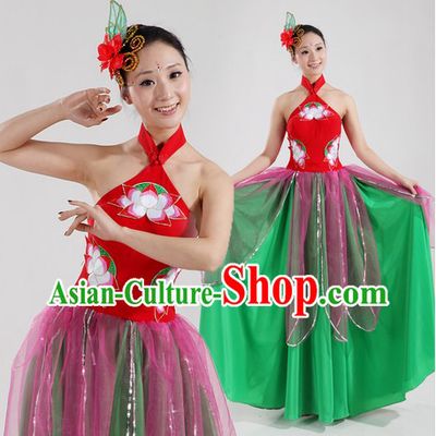 Traditional Chinese Lotus Classical Dancing Costumes and Headpiece for Women