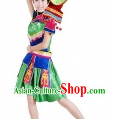 Traditional Chinese Zhuang Tribe Clothing and Hat for Women