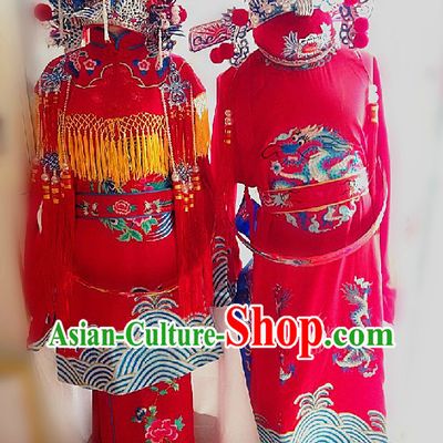 Traditional Chinese Wedding Dresses and Hats Complete Set for Brides and Bridegrooms