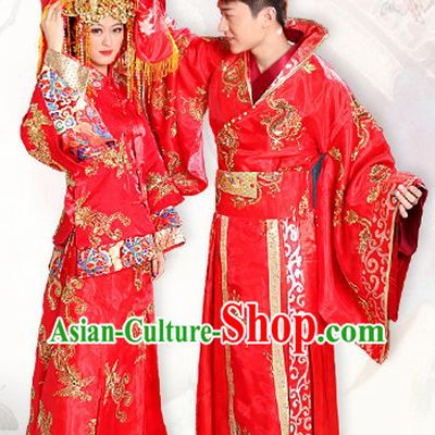 Traditional Chinese Bridal Wedding Dresses Two Sets for Brides and Bridegrooms