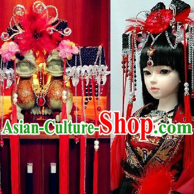 Ancient Chinese Red Bridal Partial Wig and Hair Accessories Complete Set