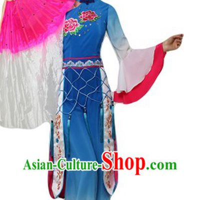 Chinese Classical Blue Fan Dancing Costumes and Headpieces