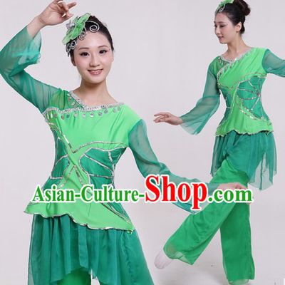Traditional Chinese Green Fan Dancing Costumes and Headpiece for Women