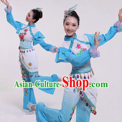 Traditional Chinese Blue Fan Dancing Costumes and Headpiece for Women