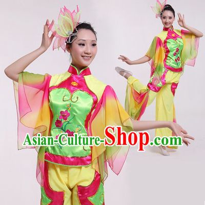 Traditional Chinese Fan Dancing Costume and Headpieces for Women