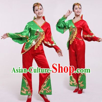 Traditional Chinese Stage Performance Fan Dancing Costumes and Headpieces for Women