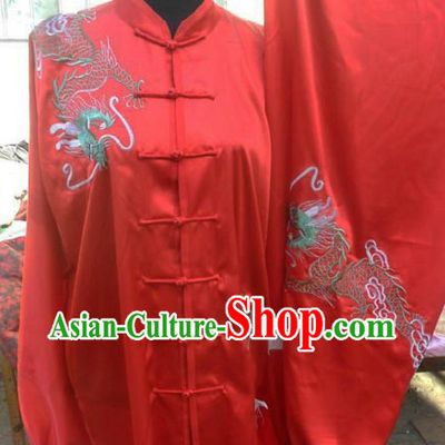 Traditional Chinese Red Dragon Embroidery Silk Tai Chi Suit