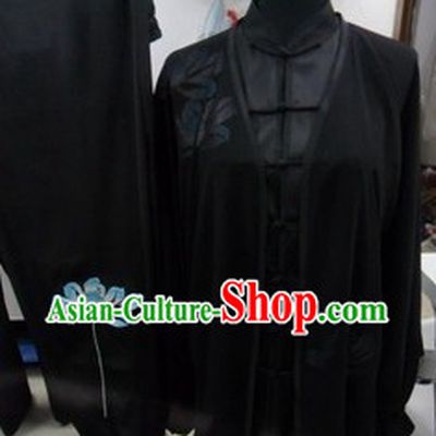 Traditional Chinese Black Long Sleeves Lotus Martial Arts Uniform and Veil