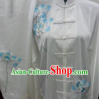 Traditional Chinese White Long Sleeves Lotus Kung Fu Uniform and Veil
