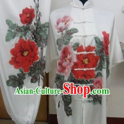 Traditional Chinese White Peony Silk Martial Arts Clothing