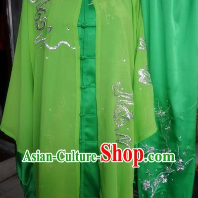 Traditional Chinese Green Tai Ji Kung Fu Performance Uniform and Cape Complete Set