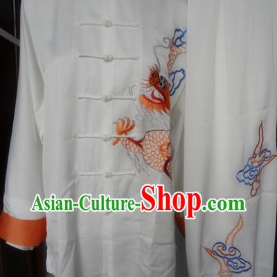 Traditional Chinese White Tai Chi Martial Arts Dragon Embroidery Clothing