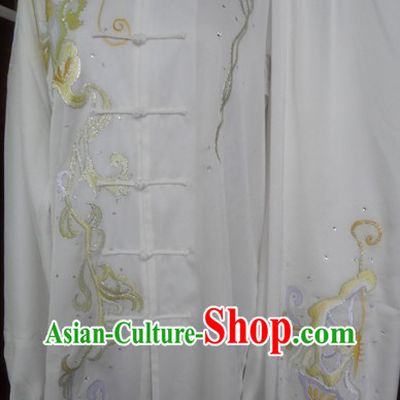 Chinese Classic White Embroidered Flower Kung Fu Martial Arts Master Uniform