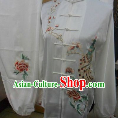 Traditional Chinese White Peacock Embroidery Martial Arts Competition Suit