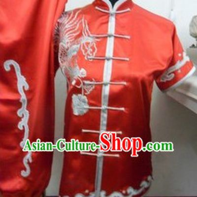 Traditional Chinese Red Phoenix Embroidery Martial Arts Competition Suit