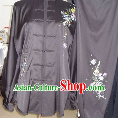 Traditional Chinese Black Long Sleeves Embroidered Flower Martial Arts Dresses