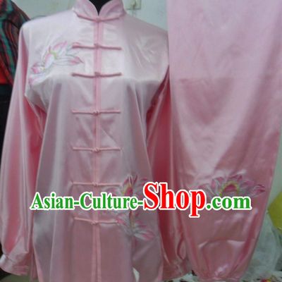 Pink Traditional Chinese Lotus Embroidery Long Sleeves Kung Fu Tai Chi Uniform