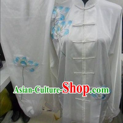 White Traditional Chinese Lotus Embroidery Long Sleeves Kung Fu Tai Chi Uniform