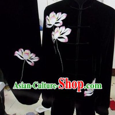 Black Traditional Chinese Lotus Embroidery Long Sleeve Gong Fu Uniform