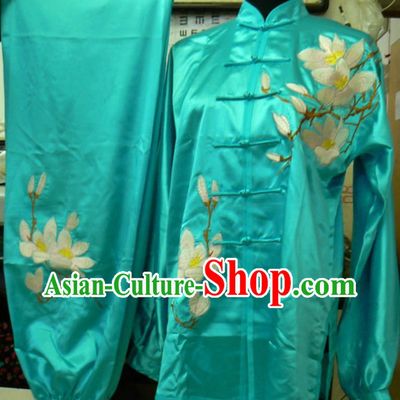 Bue Long Sleeves Lotus Embroidery Martial Arts and Tai Ji Clothing Complete Set for Men
