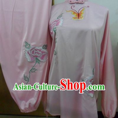 Pink Long Sleeves Flower Butterfly Embroidery Martial Arts and Tai Chi Outfit Complete Set for Women