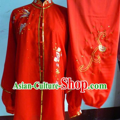 Red Flower Embroidery Martial Arts and Tai Chi Outfit Complete Set for Women