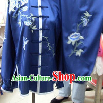 Blue Mandarin Flower Embroidery Martial Arts Tai Chi Uniforms