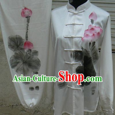 Traditional Chinese White Hand Painted Lotus Kung Fu Uniform