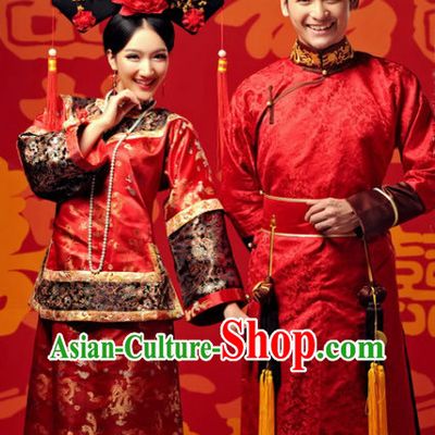 Traditional Chinese Imperial Princess and Prince Red Wedding Dresses and Hat