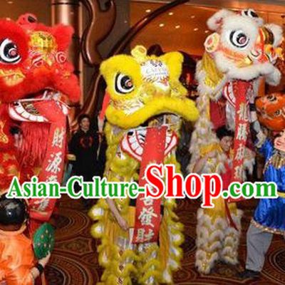 Red Golden and White Lion Dance Costumes Three Sets and Two Laughing Masks and Costumes Set