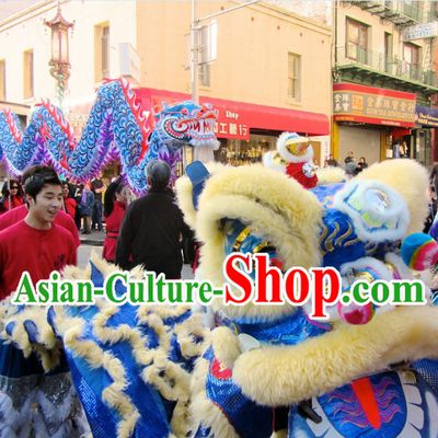Blue Chinese Traditional Lion Dance and Dragon Dance Costumes Two Complete Sets