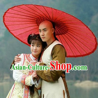 Qing Dynasty Lover Couple Robe Clothing and Red Big Umbrella Set