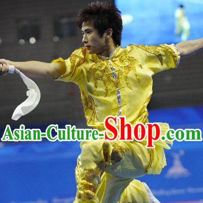 Yellow Short Sleeve Long Sword Kung Fu Contest Uniform for Men
