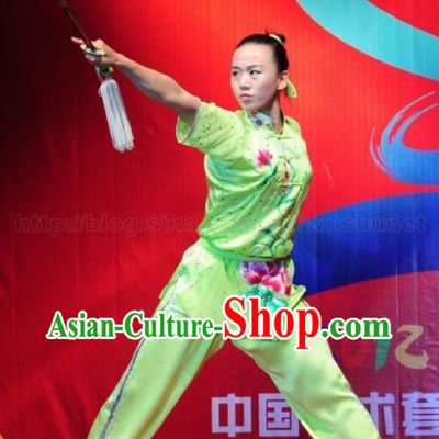 Supreme Green Embroidered Lotus Martial Arts Uniforms for Women