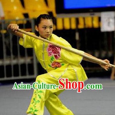 Yellow Long Spear Embroidered Peony Kung Fu Supplies for Women